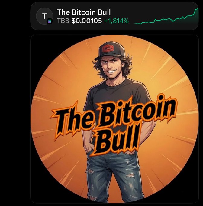 The image shows an illustrated character labeled "The Bitcoin Bull" with a trading-style header displaying "The Bitcoin Bull, TBB $0.00105 +1,814%" alongside an upward green chart line. The cartoon depicts a confident smiling man in a cap and t-shirt that matches the meme-style branding, emphasizing the post's message about TBB's early low price and potential growth toward $0.10.