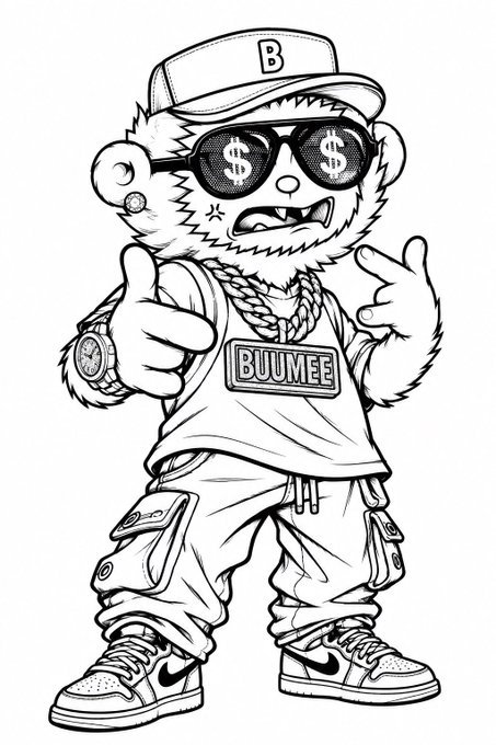 A black and white line drawing of a cartoon bear character wearing a cap with the letter 'B,' dollar sign sunglasses, a chain necklace, and a shirt reading 'BUUMEE,' dressed in cargo pants and sneakers.