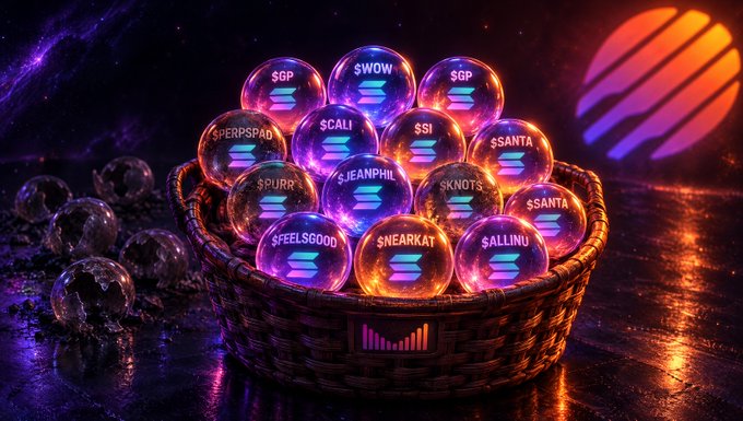 A basket filled with glowing orbs containing cryptocurrency symbols (including what appears to be Solana) and various tags like '$GP', '$WOW', '$CALL', '$S$P$PAD', '$SANTA', and '$NEARKAT'.