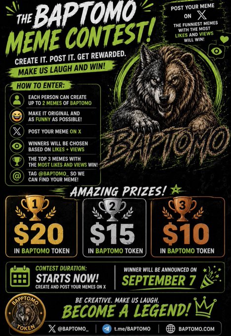 A promotional poster for "THE BAPTOMO MEME CONTEST!" featuring a wolf illustration, contest rules on how to enter, and prizes of $20, $15, and $10 in BAPTOMO token for the top 3 memes, with winners announced on September 7.