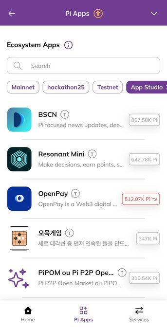 A screenshot of the Pi Browser's "Pi Apps" section showing a list of Ecosystem Apps, with BSCN (Pi-focused news updates) ranked at the top with 807.58K Pi, followed by Resonant Mini, OpenPay, and other apps. The image highlights BSCN's leading position in the Pi ecosystem, aligning with the post celebrating it as the "#1 staked app in the Pi Browser" and promoting its new "Pioneer Blogs" feature.