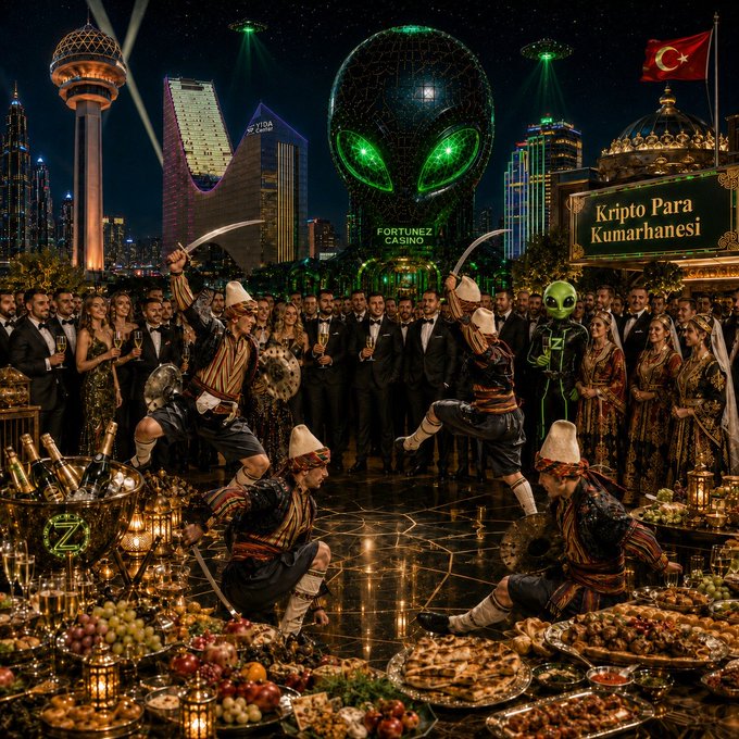 A vibrant celebration unfolds at FortuneZ Casino, featuring a giant green alien head towering over the city skyline, while traditional Turkish dancers in ornate costumes perform before a crowd of well-dressed onlookers, surrounded by lavish spreads of food and a sign reading "Kripto Para Kumarhanesi" (Crypto Casino). The scene captures the post's theme of blending Turkey's rich cultural traditions with the futuristic, intergalactic spirit of the crypto world at fortunez.com/tr/.