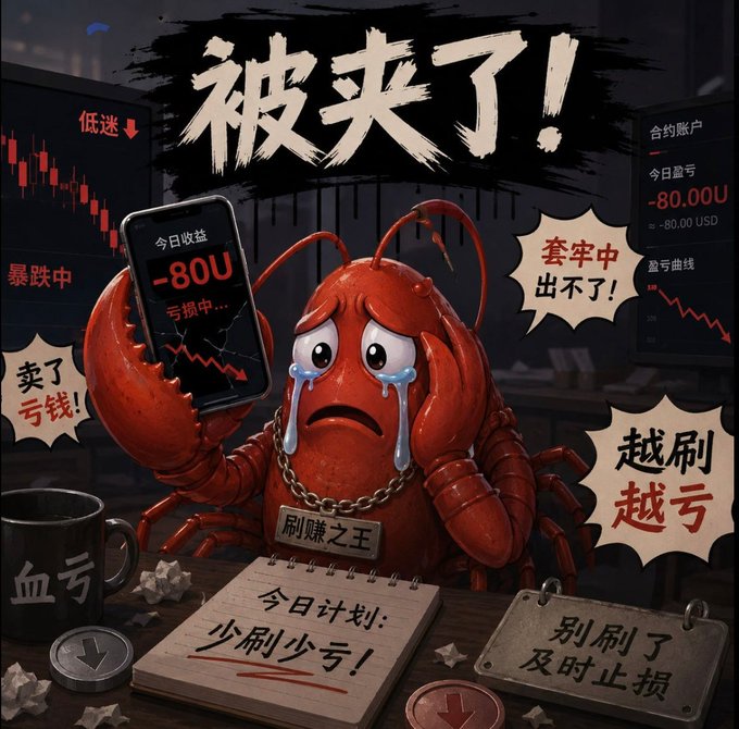 A cartoon crying lobster holds a phone showing a trading loss of -80U, surrounded by Chinese text including '被夹了!' (Got squeezed!), '亏损中' (In the red), '套牢中出不来了' (Trapped, can't exit), '越刷越亏' (The more I check, the more I lose), and '今日计划: 少刷少亏' (Today's plan: check less, lose less).