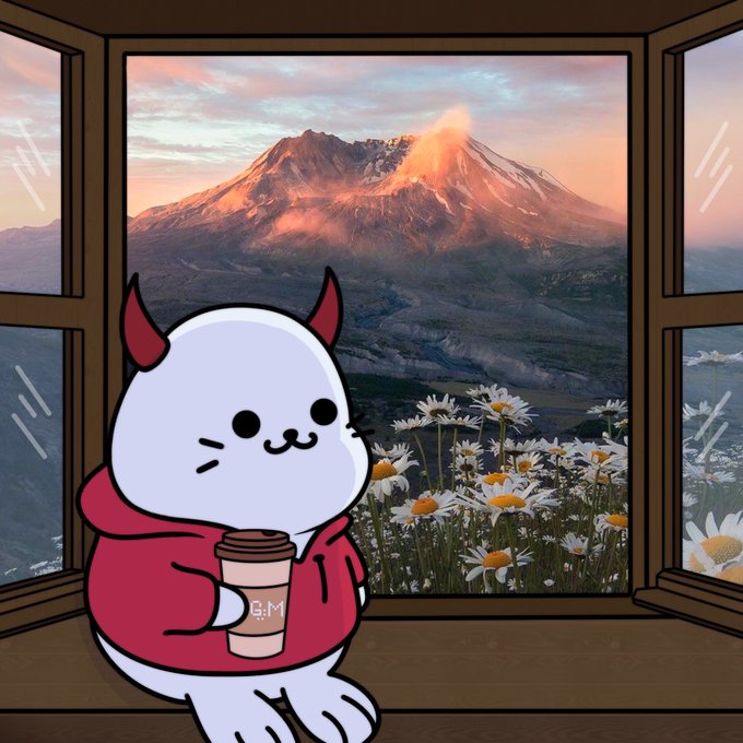 A cartoon illustration of a white character with red devil horns wearing a red hoodie, holding a coffee cup with 'GM' on it, sitting by a window overlooking a mountain landscape and daisies.