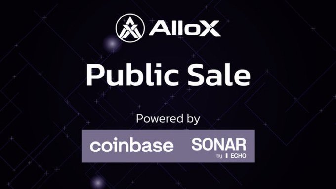 A dark promotional banner announcing 'AlloX Public Sale', powered by 'coinbase' and 'SONAR by ECHO'.