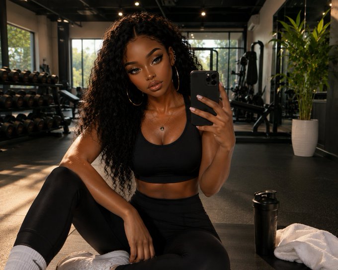 A woman with long curly hair in black athletic wear taking a mirror selfie in a gym.
