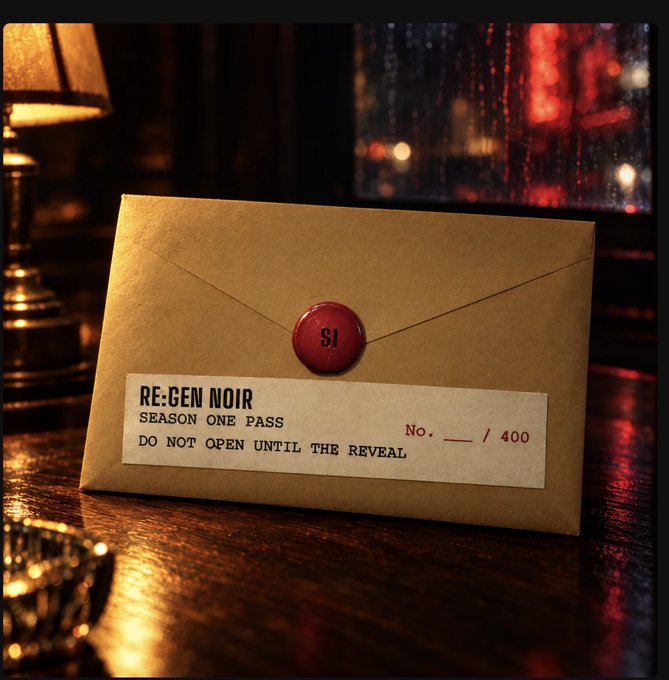 A brown sealed envelope on a wooden table labeled "RE:GEN NOIR SEASON ONE PASS" with the instruction "DO NOT OPEN UNTIL THE REVEAL," numbered out of 400.