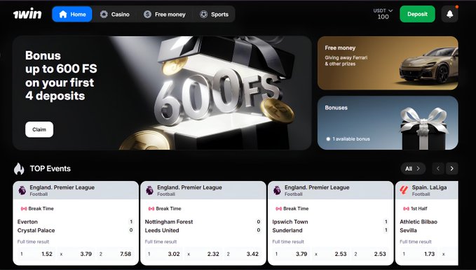 The 1win betting website homepage featuring 'Bonus up to 600 FS' promotion and live football match listings from the Premier League and LaLiga.