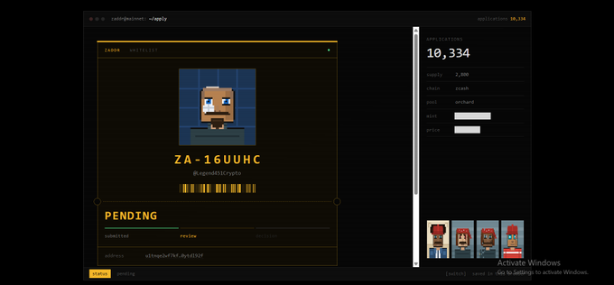 A dark-themed cryptocurrency mining dashboard for "ZANO" showing application zb_10.334, with a hash rate of 10,334 (supply 2,000), status reaching the pool, and a pending submission with address zA1nwghFNrduhBDGF, featuring pixel art miners.