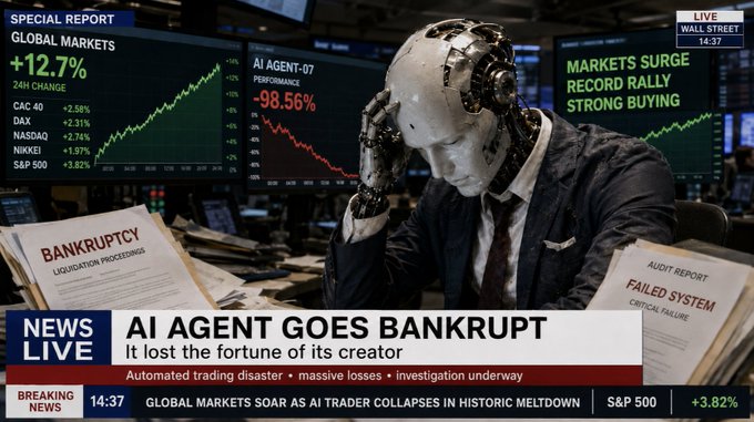 A breaking news graphic shows a humanoid robot in a suit with its head in its hand, surrounded by screens displaying market data; the headline reads 'AI AGENT GOES BANKRUPT - It lost the fortune of its creator' with an audit report showing 'AI AGENT-07 PERFORMANCE -98.56%'.