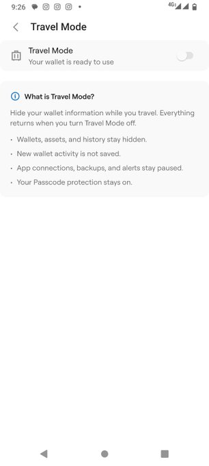 A smartphone screenshot displays a 'Travel Mode' settings page explaining that wallets, assets, and history are hidden during travel.