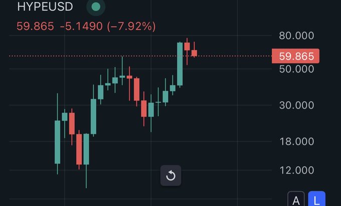 The image shows a candlestick chart of HYPEUSD trading at 59.865, down -5.1490 (-7.92%) on the day, with recent candles showing a sharp drop from highs near 80 to the current ~60 level—mimicking the post's sarcastic tone where the "crash" is actually a modest pullback within a massive uptrend from around 12.