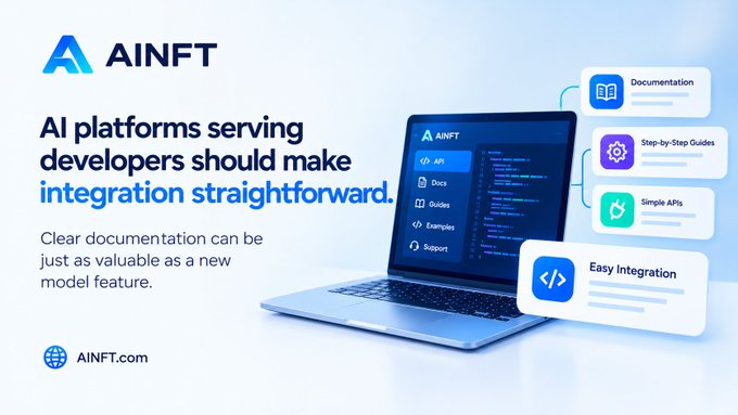 An advertisement for "AINFT" stating "AI platforms serving developers should make integration straightforward" alongside a laptop displaying the API documentation.
