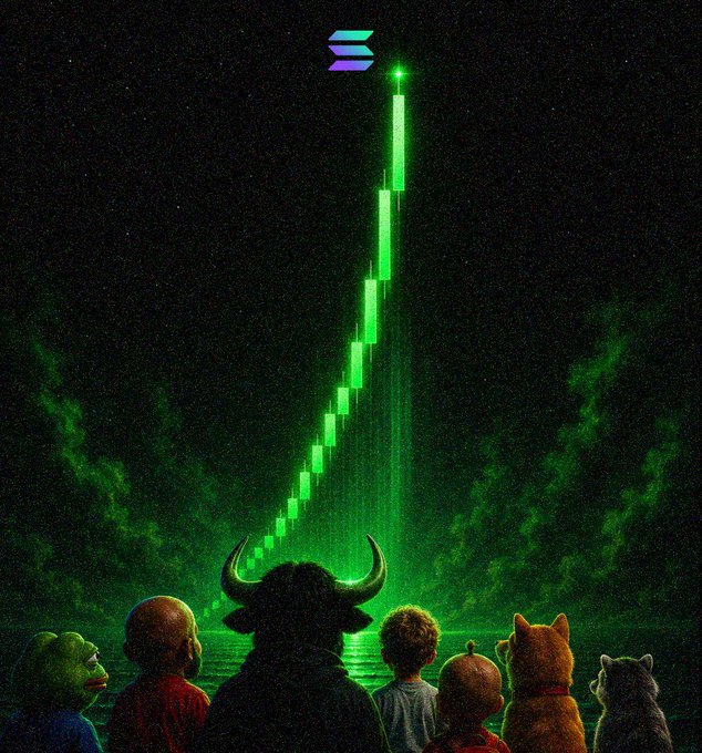 A group of characters—including Kermit, Charlie Brown, a Minotaur, Doug, Stewie, Scooby-Doo, and Pusheen—gaze up in awe at a massive green candlestick chart shooting skyward against a starry night, with the Solana logo at the top, symbolizing a skyrocketing price chart and the post's theme that "Memes just look better on Solana."