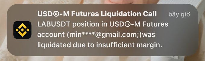 A mobile notification from Binance reads: 'USDⓈ-M Futures Liquidation Call - LABUSDT position in USDⓈ-M Futures account (min****@gmail.com;) was liquidated due to insufficient margin.'