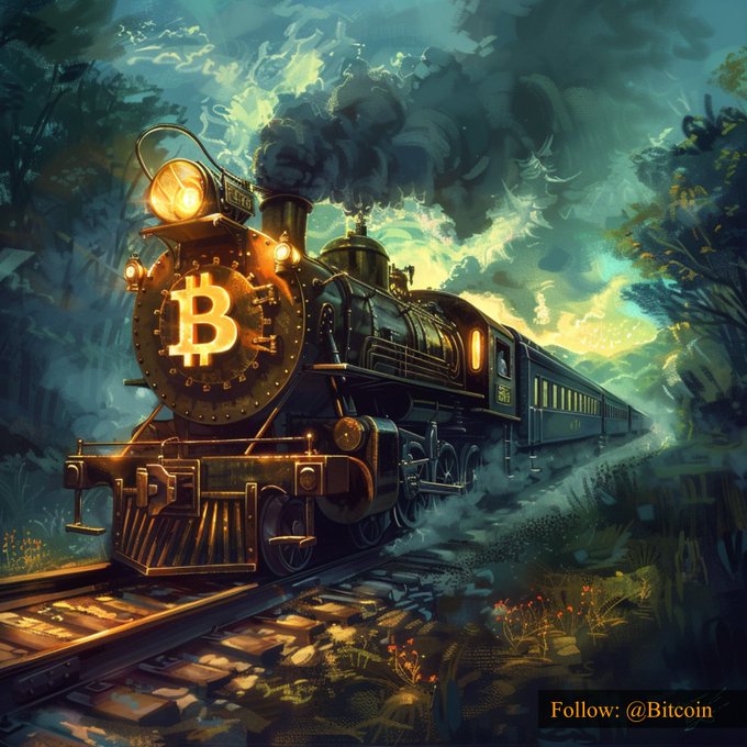 A vintage steam locomotive emblazoned with the Bitcoin logo chugs through a mystical, forested landscape at twilight, its headlight glowing brightly as smoke billows into the cloudy sky. The image, watermarked "Follow: @Bitcoin," visually reinforces the post's $79,937.37 Bitcoin price point, symbolizing the cryptocurrency's unstoppable forward momentum.