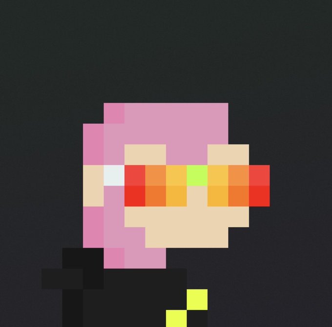 A low-resolution pixel art image showing a character with pink skin/hair, wearing pixelated sunglasses with red, orange, and green lenses, against a dark gray background.