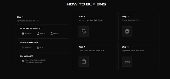 A 'How to Buy BNS' guide for the Beldex wallet, outlining 5 steps including downloading the wallet for Windows, Mac, Linux, Android, iOS, and CLI, selecting BNS, checking availability, funding with BDX, and registering a name.