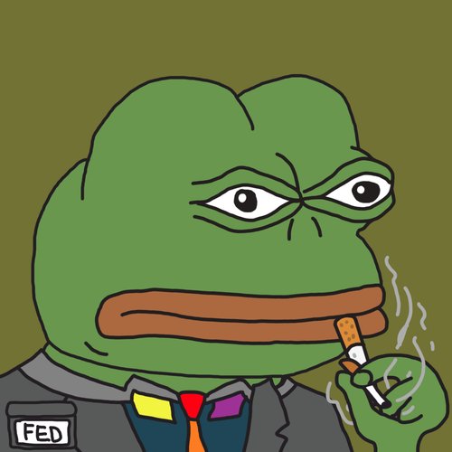 A cartoon drawing of a green Pepe the Frog character wearing a suit and a 'FED' name tag, smoking a cigarette.