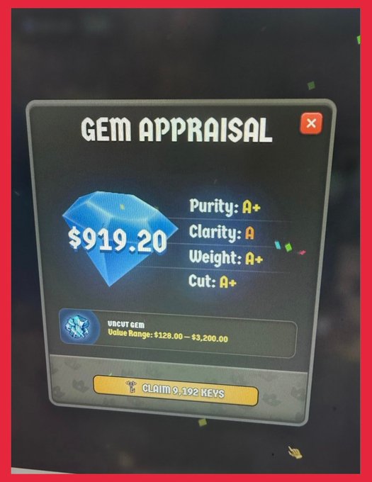 A video game 'GEM APPRAISAL' screen evaluates a blue gem valued at '$919.20' with A+ ratings for Purity, Weight, and Cut, displaying a yellow button to 'CLAIM 9,192 KEYS'.