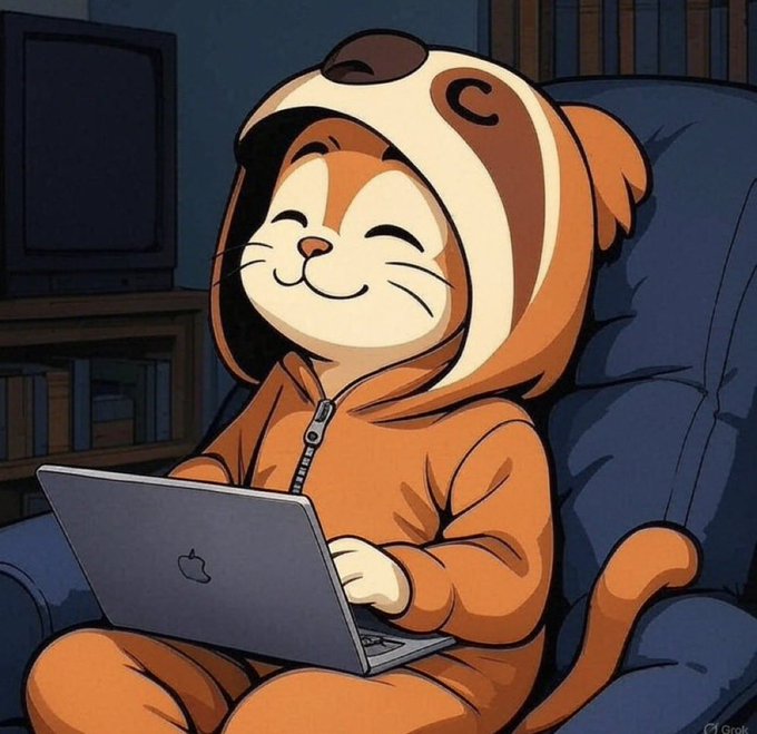 An illustration of a smiling cartoon character in an orange cat onesie sitting on a couch while using an Apple laptop.