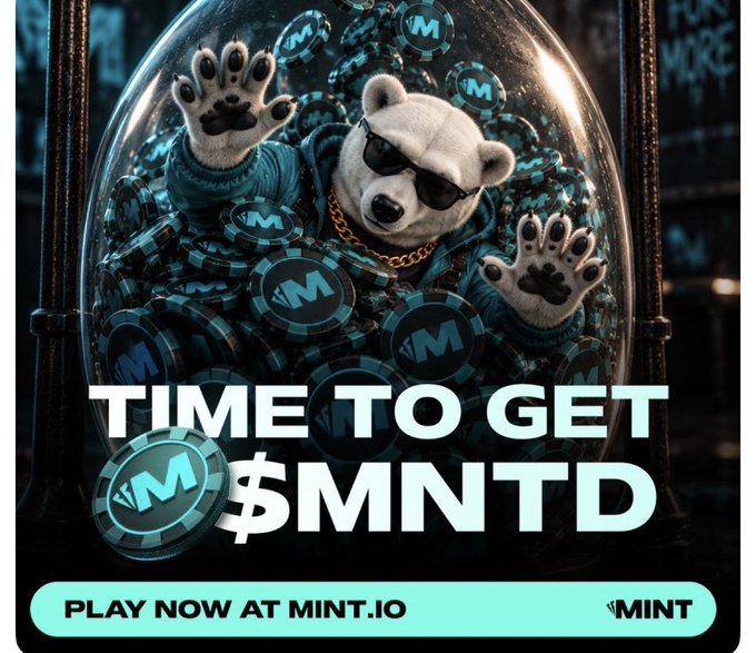 A promotional graphic for Mint.io features a polar bear wearing sunglasses and a blue sweater inside a dome filled with 'M' branded coins, with text reading 'TIME TO GET $MNTD' and 'PLAY NOW AT MINT.IO'.