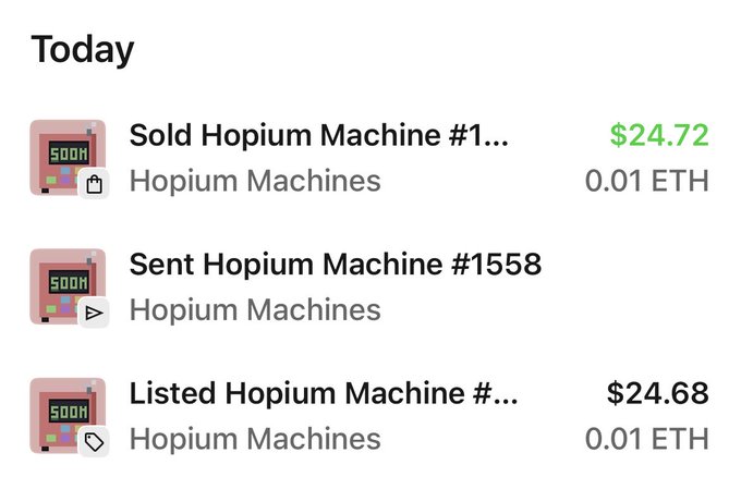 A digital activity feed showing transactions for 'Hopium Machines,' including 'Sold Hopium Machine #1...' for $24.72 (0.01 ETH), 'Sent Hopium Machine #1558', and 'Listed Hopium Machine #...' for $24.68 (0.01 ETH).