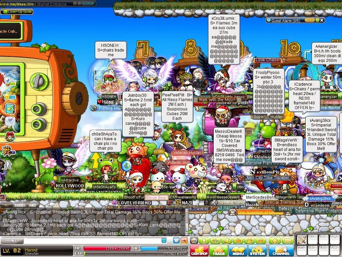 A crowded screenshot from the MMORPG MapleStory, displaying numerous player characters with chaotic chat bubbles containing items for trade like 'HSONE', 'FrostyPiroro', and 'Cadence'.