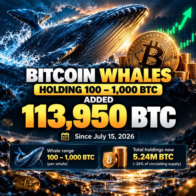 An infographic showing a blue whale breaching alongside gold Bitcoin coins, announcing that 'BITCOIN WHALES' holding 100-1,000 BTC have added 113,950 BTC since July 15, 2026, with total holdings now at 5.24M BTC.