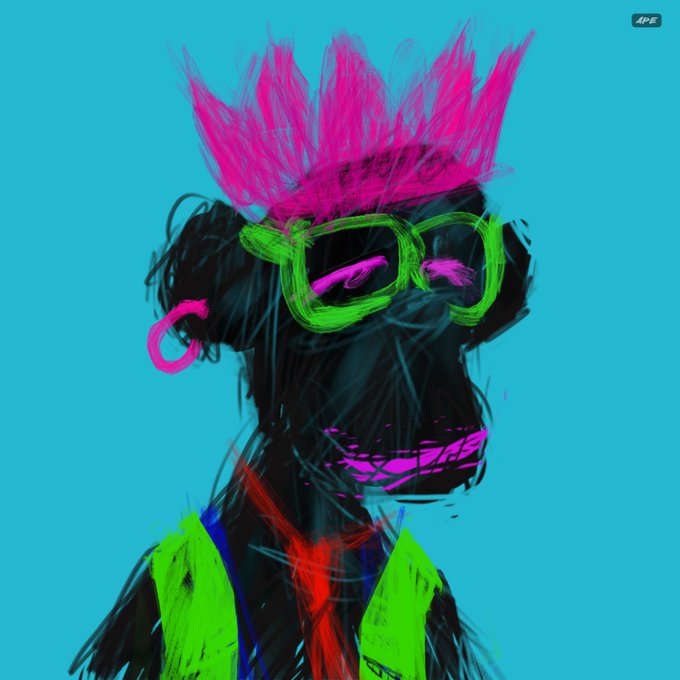 A digital painting of a punk character with spiky pink hair, bright green sunglasses, an earring, and a wide pink grin, set against a bright turquoise background.