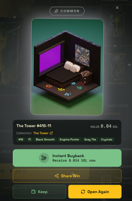 A digital collectible card from 'The Tower' collection (#416-11) displays an isometric bedroom scene with black walls and colored crystals, valued at 0.04 SOL with options to buyback, share, keep, or open again.