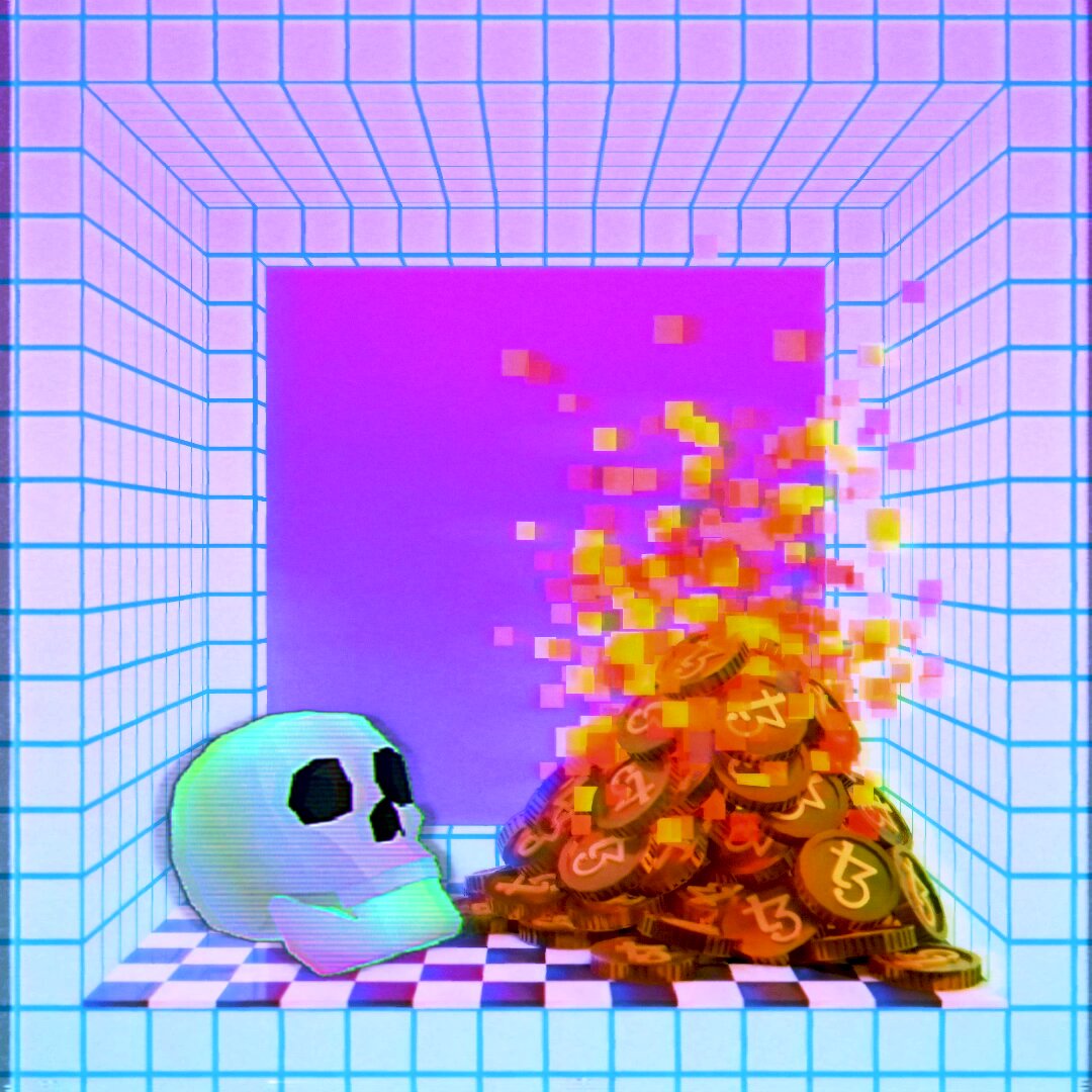 The image features a white skull sitting next to a pile of gold coins, which are scattered around the room. The skull appears to be facing away from the camera, while the coins are spread out in various directions. The background consists of a grid-like pattern with purple and blue colors. The post that accompanies this image is titled "Objkt collection Day #70 Window Still Life 066 by @jjjjjjjjj john Collected - 16 Jun 2021".