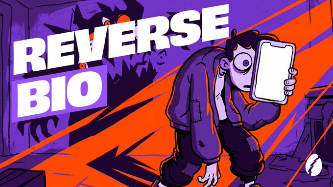 The image features a cartoon man holding a white tablet computer, with the text "REVERSE BIO" written above him. The scene takes place against an orange background that has a purple monster in the middle of it. The caption below the image reads "Not every opportunity looks exciting at first. Most people wait until everyone is talking about something before they pay attention. By then, the biggest advantage is usually gone. That'S why I like keeping an eye on projects while they're still growing."