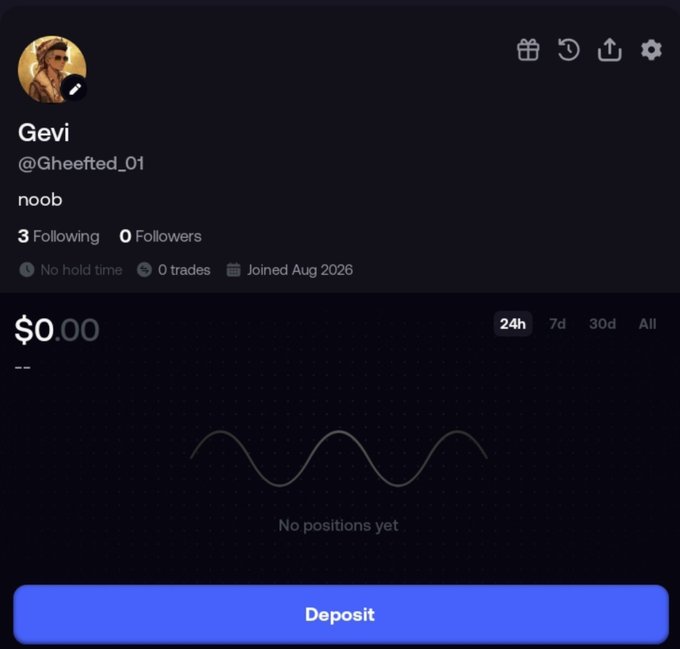 The image shows a trading dashboard for user "Gevi" (@Gheefted_01) with a balance of $0.00, zero followers, and zero trades, reflecting the poster's self-described status as a "noob" trader just starting out. The empty positions chart and low account stats contrast with the post's story about a 17-year-old making $200k+ on memecoin trading, highlighting the poster's early stage in the trading journey.