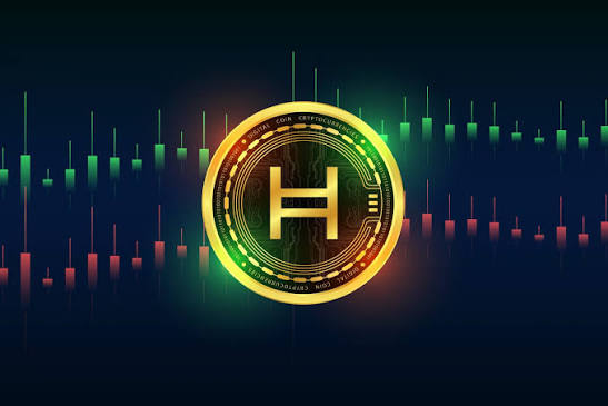 A glowing golden coin with an 'H' emblem sits against a backdrop of a red and green financial candlestick chart.
