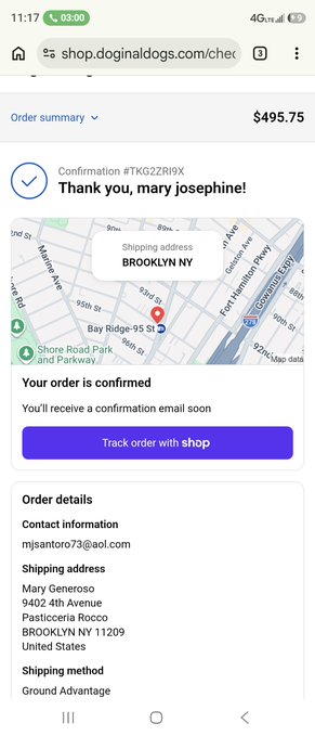 A screenshot of an order confirmation page from shop.doginaldogs.com showing a successful $495.75 purchase for shipping to Brooklyn, NY under the name "mary josephine," supporting the post's announcement about new PACK preorders.