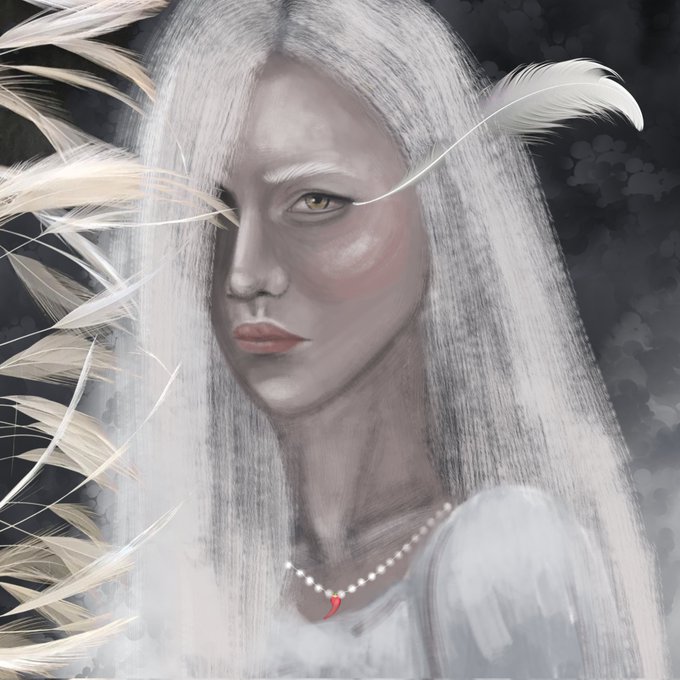 A digital portrait illustration of an ethereal, androgynous figure with long white hair, pale gray skin, and red lips, wearing a delicate pearl necklace with a red pendant, framed by white feathers.