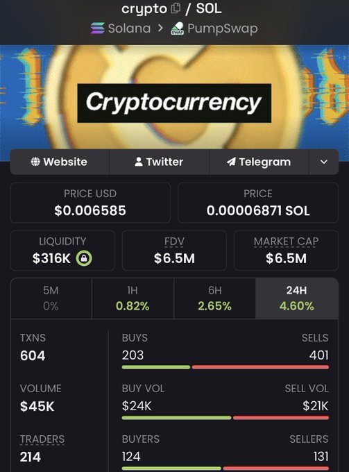 Solana-based token tracker page on Solana Tracker for a Cryptocurrency token, showing a price of $0.006585, $316K liquidity, $6.5M FDV/market cap, and 24H volume of $45K.
