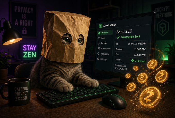 A digital artwork of a tabby cat wearing a brown paper bag over its head with cut-out eye holes, sitting at a desk using a computer displaying a Zcash Wallet transaction of 12.345 ZEC, surrounded by floating ZEC coins, with neon signs reading 'PRIVACY IS A RIGHT' and 'STAY ZEN'.