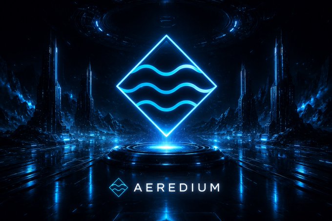 A futuristic dark scene featuring a glowing blue diamond logo with wave patterns and the word 'AEREDIUM' displayed on a circular platform surrounded by cyberpunk-style architecture.