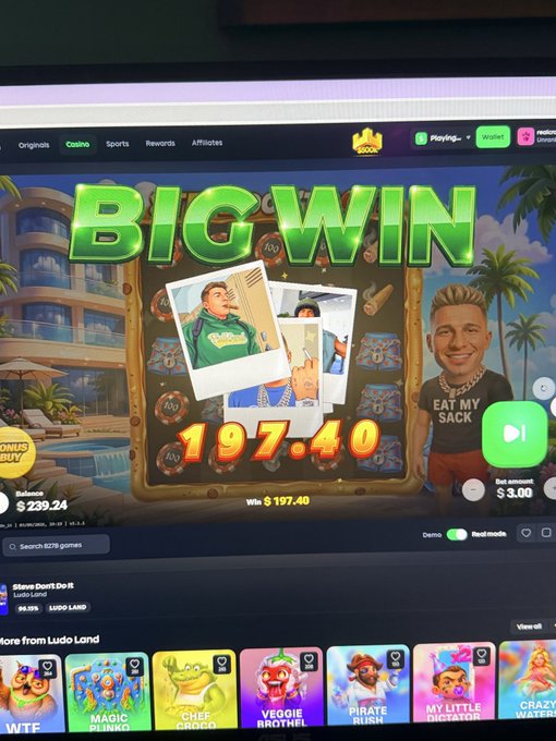 A screenshot of an online gambling 'BIG WIN' screen showing a win of 197.40 with a balance of $239.24, featuring character graphics including 'Steve Don't Do It' and other slot game thumbnails.