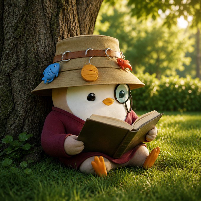 A whimsical 3D-rendered plush toy resembling a duck or chick wearing a tan bucket hat with charms, a monocle, and a maroon sweater, sits against a tree reading a book.
