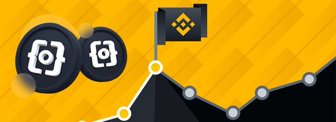 A yellow and black graphic featuring cryptocurrency coins and a flag with the Binance logo, overlaid on a price chart line.