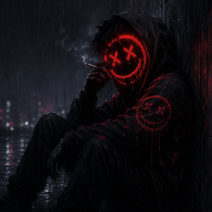 The image features a person wearing a hooded sweatshirt with red paint splatters, smoking a cigarette while sitting against a wall or pillar. The background of the image is dark and rainy, which adds an atmospheric element to the scene. There are also some texts visible in the image that read "I'VE LIVED EVERY DAY, only $OUTLIER can understand me start to relax for a moment with what is happening @OutlierSolana @chefheaters CA : chefheaters". This suggests that the person might be a fan of a particular artist or band and has chosen to express their appreciation by creating an art piece featuring this individual.