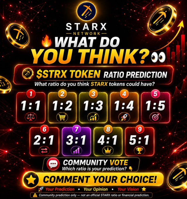 A colorful "StarX Network" community poll graphic invites users to predict the $STRX token ratio, displaying nine options ranging from 1:1 to 5:1 with icons like scales, carts, rockets, and crowns, and prompts viewers to "Comment Your Choice!" as a non-official community prediction.