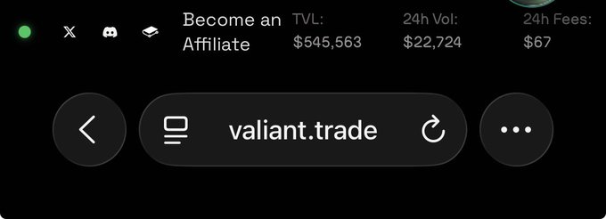 A dark browser navigation bar showing 'valiant.trade' with affiliate stats displaying TVL: $545,563, 24h Vol: $22,724, and 24h Fees: $67.
