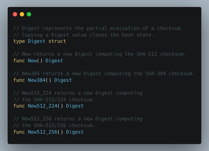 The image shows Go source code defining the `Digest` type and constructor functions (`New`, `New384`, `New512_224`, `New512_256`) for SHA-2 hashing variants. This relates to the post about porting Go's hashing packages to Solod, illustrating the SHA-2 API (with its 384, 512/224, and 512/256 variants) chosen over the outdated MD5.