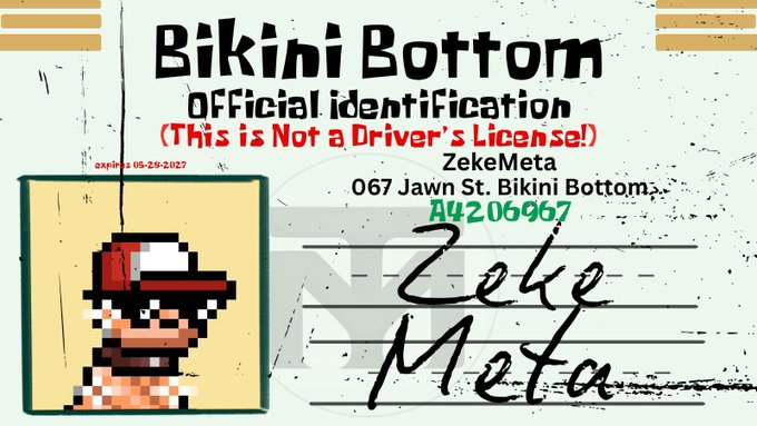 A pixel-art parody identification card for 'Bikini Bottom,' showing a mustachioed character and the name 'Zeke Meta' with the text 'This is Not a Driver's License!'