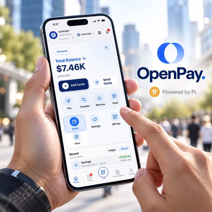 A person uses the OpenPay app on a smartphone, showing a digital wallet interface with a $7.46K total balance and quick-action options like Pay, Transfer, Receive, and Scan, alongside the "OpenPay. Powered by Pi." logo, illustrating the platform's all-in-one payment management features.