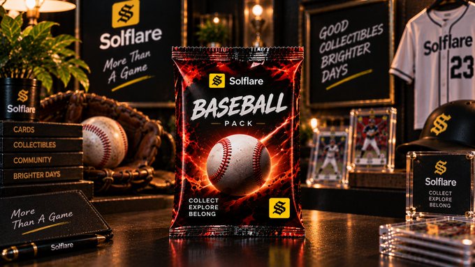 A promotional product mockup for 'Solflare Baseball Pack' trading cards, featuring red and black packaging with a baseball graphic and 'More Than A Game' slogan.